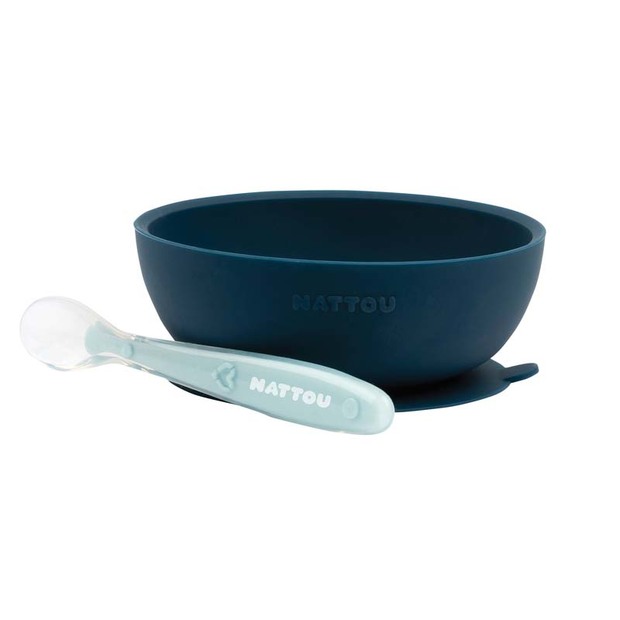 Duo bol et cuillère en silicone Bleu Marine NATTOU