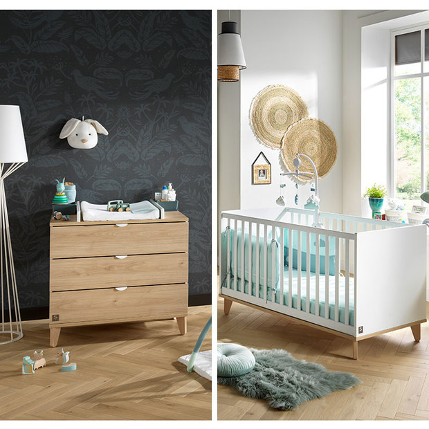 Chambre DUO Lit 70x140 cm + commode AUBIN Bois + Plan à  langer OFFERT BEBE9 CREATION