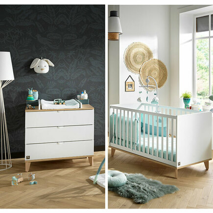 Chambre DUO Lit 70x140 cm + commode AUBIN Blanc + Plan à  langer OFFERT BEBE9 CREATION