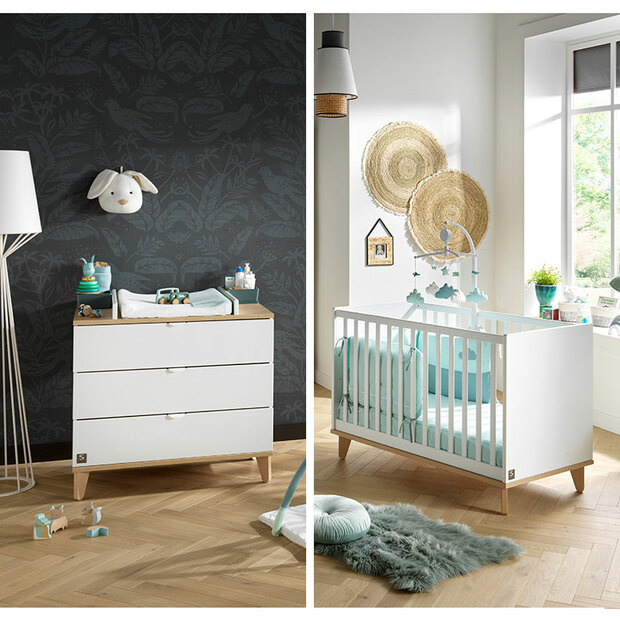 Chambre DUO lit 60x120 cm + commode AUBIN Blanc + Plan à  langer OFFERT BEBE9 CREATION