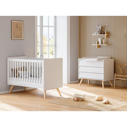 Chambre duo lit évolutif 70x140 cm + Commode Vintage - Blanc/chêne VOX