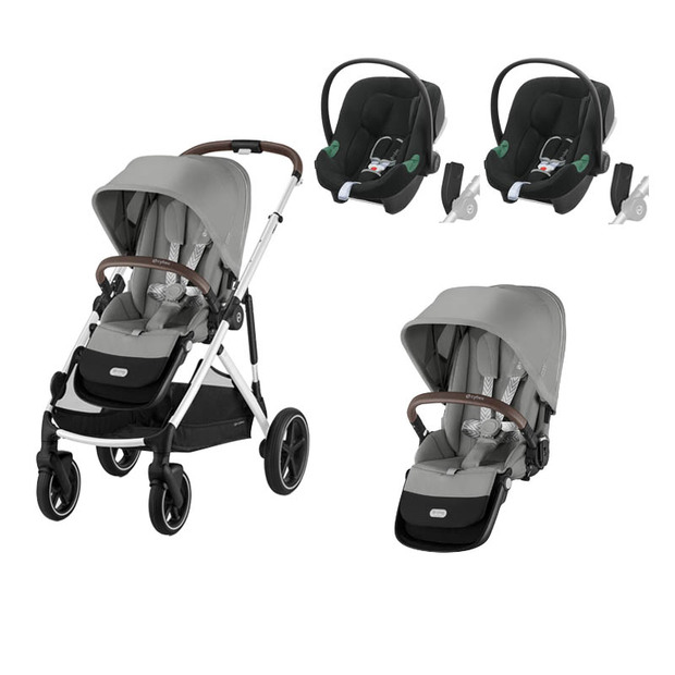 Poussette jumeaux Gazelle S SLV Stone Grey + 2 ATON B2 Volcano Black CYBEX