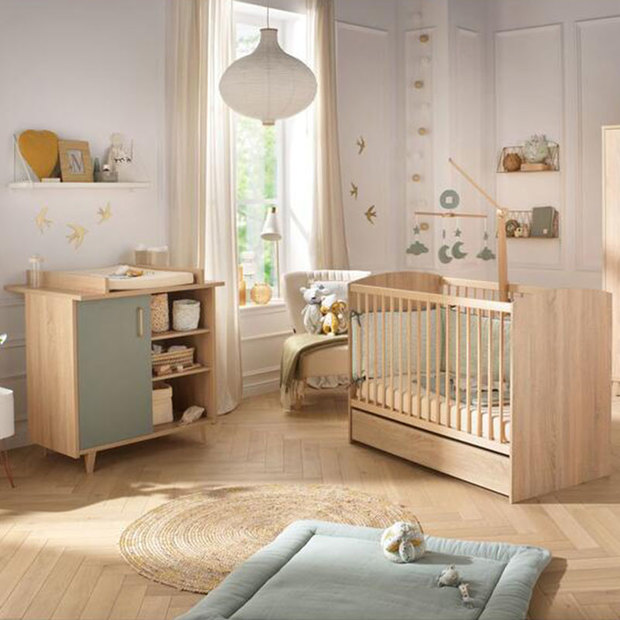 Chambre duo lit 120x60 commode Charlie Sauge + PAL OFFERT BEBE9 CREATION