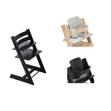 Chaise Tripp Trapp Noir + Babyset noir + Coussin Nordic Grey  STOKKE