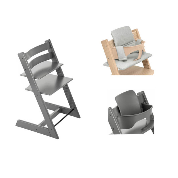 Chaise Tripp Trapp + Babyset gris tempête + Coussin nordic grey  STOKKE